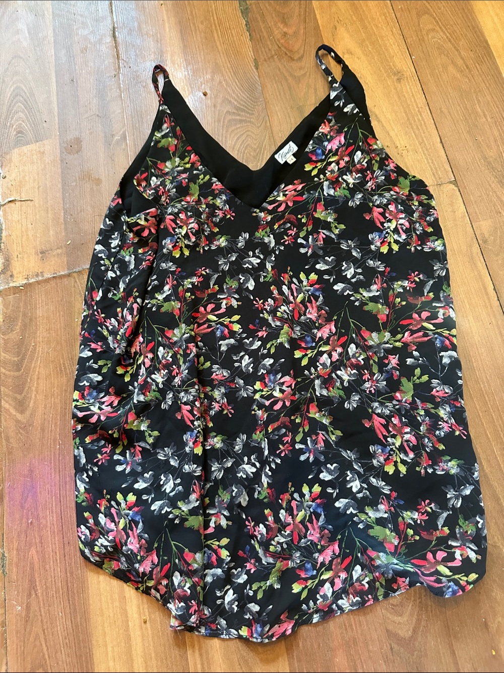 Kismet Black Floral V-Neck Cami with Pink & Green Accents